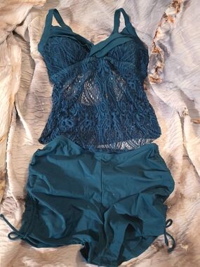 Teal Lace Tankini Top & Swim Shorts Set - Women